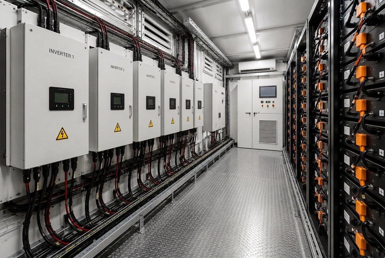 Battery energy storage room — racked BESS cabinets